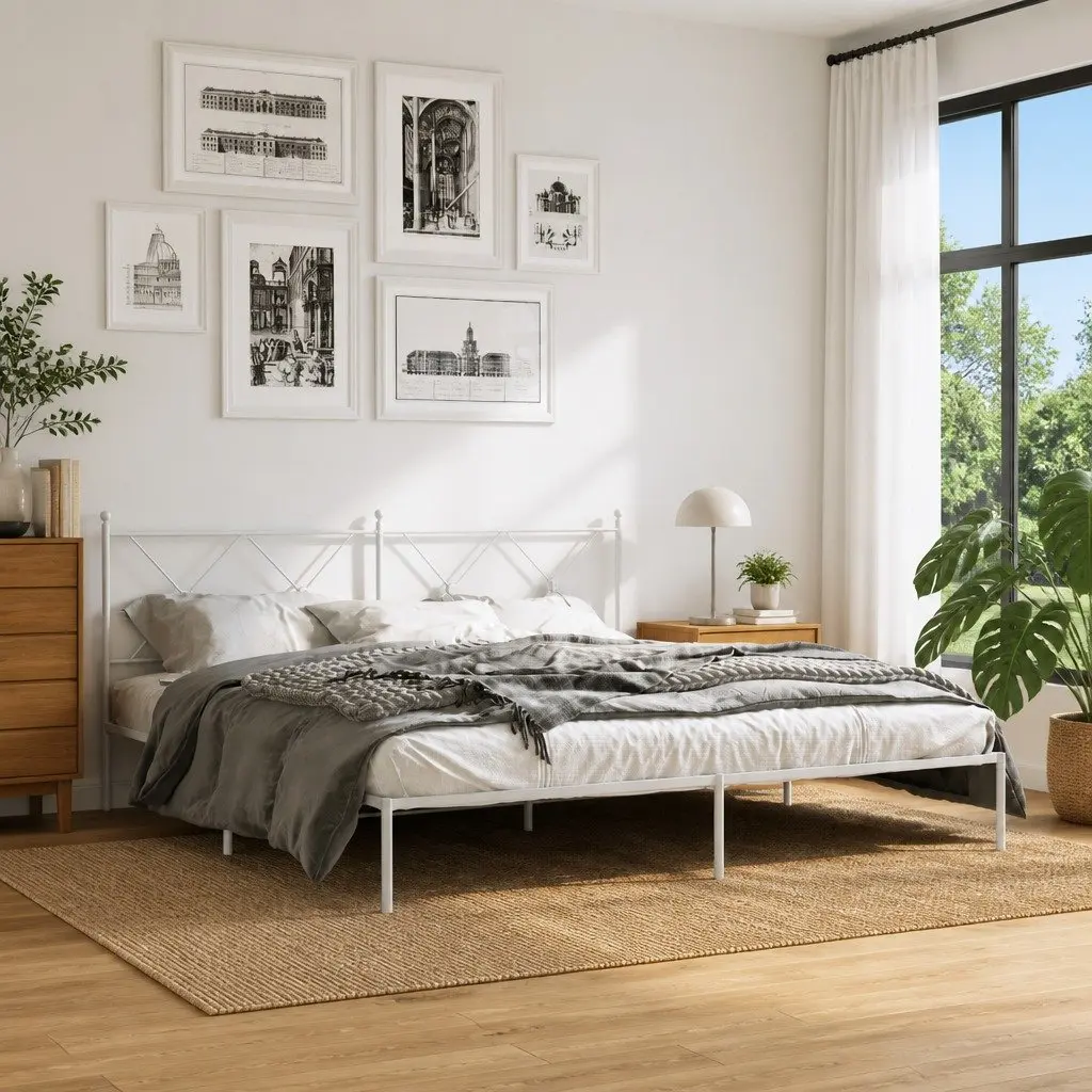 Metal Bed Frame King Size White with Headboard Slatted Base 183x203cm
