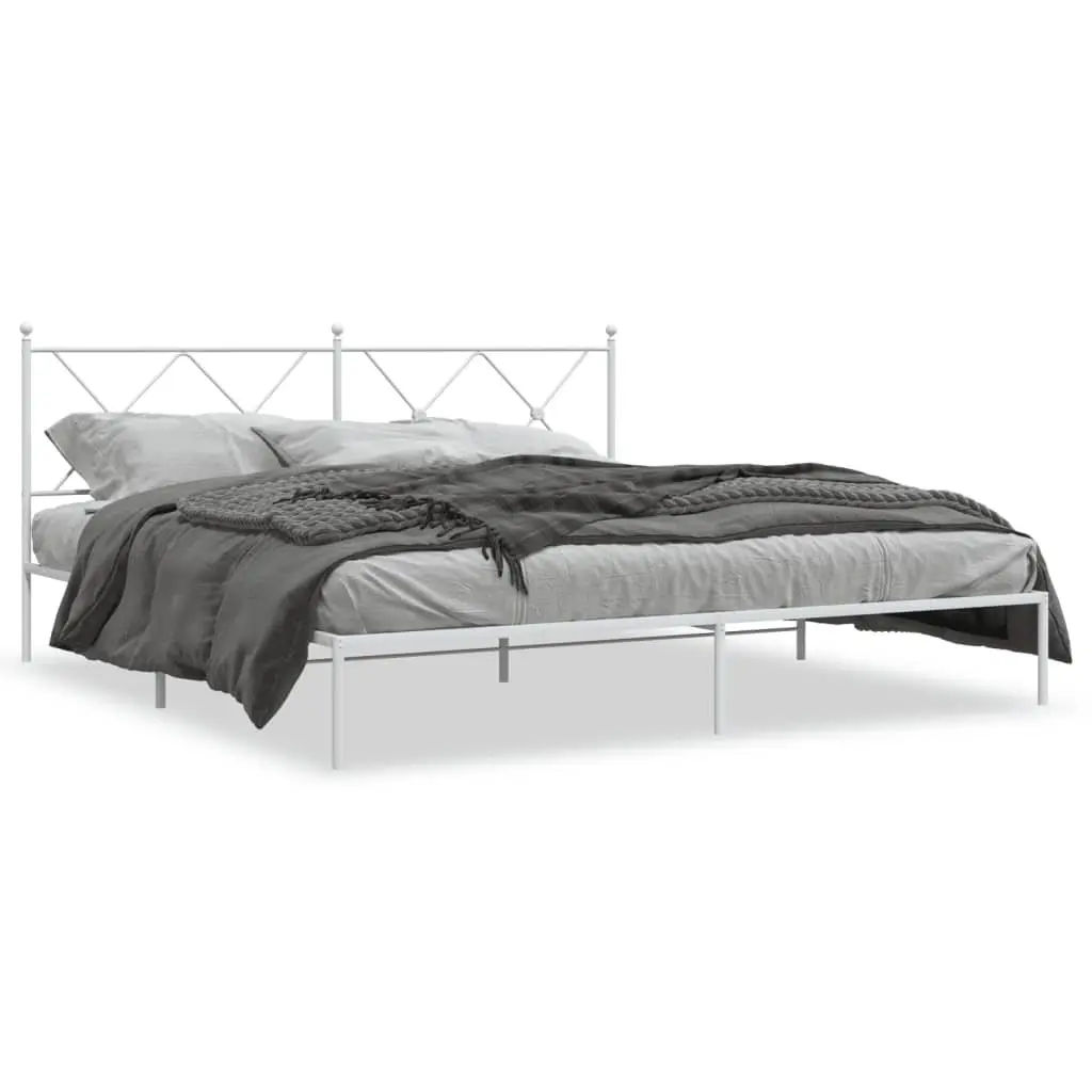 Metal Bed Frame King Size White with Headboard Slatted Base 183x203cm