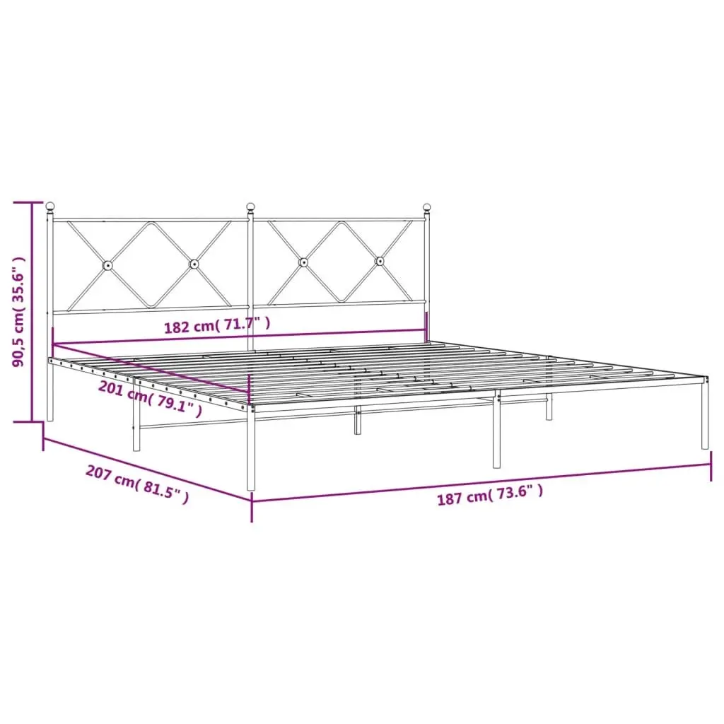 Metal Bed Frame King Size White with Headboard Slatted Base 183x203cm