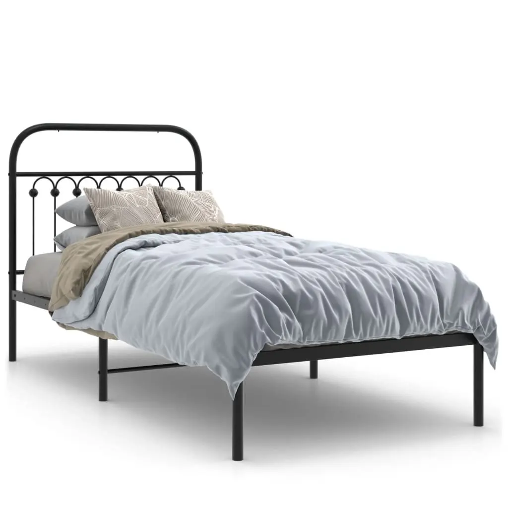 Metal Bed Frame Black 90x190 cm with Headboard Slatted Base and Under-bed Storage