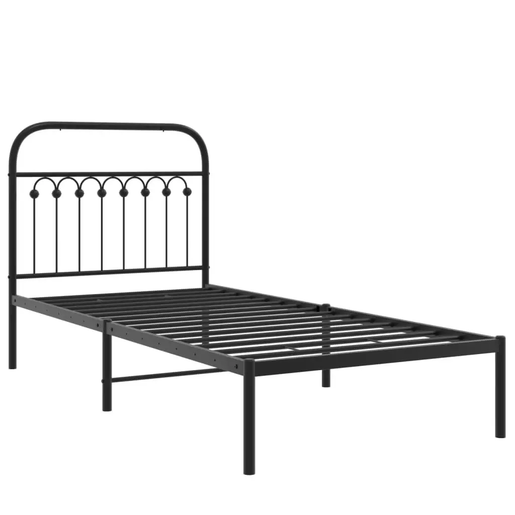 Metal Bed Frame Black 90x190 cm with Headboard Slatted Base and Under-bed Storage