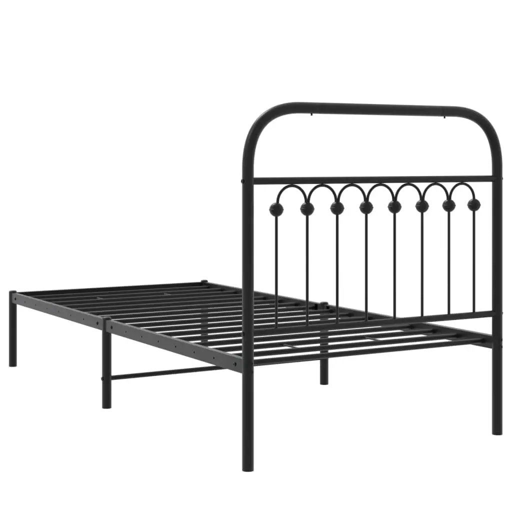 Metal Bed Frame Black 90x190 cm with Headboard Slatted Base and Under-bed Storage