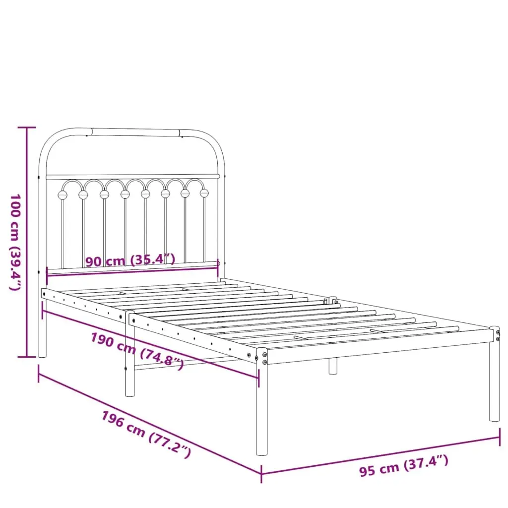 Metal Bed Frame Black 90x190 cm with Headboard Slatted Base and Under-bed Storage