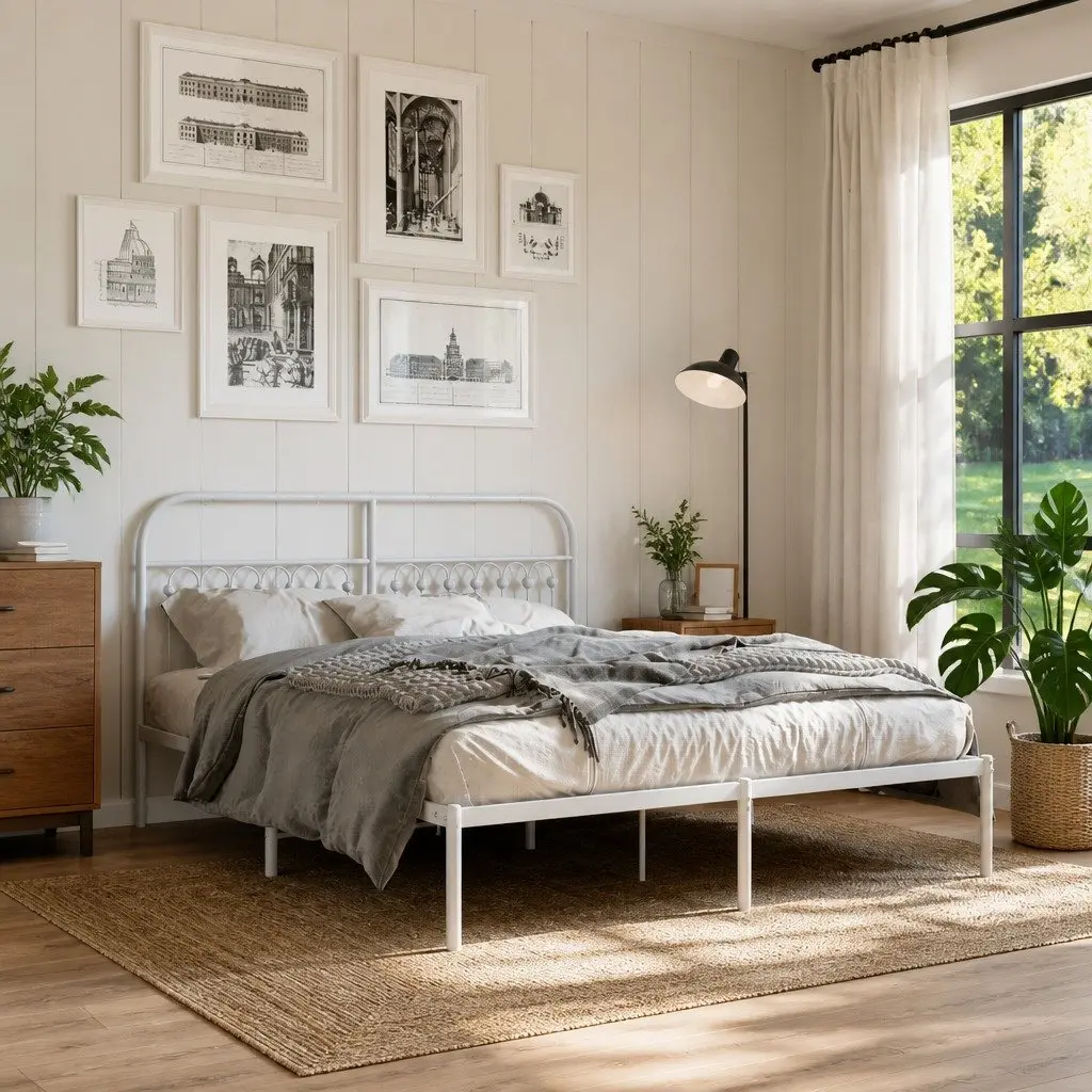 White Metal Bed Frame 150x200 cm with Headboard
