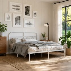Metal Bed Frame with Headboard White 150x200 cm Bedroom Furniture Storage
