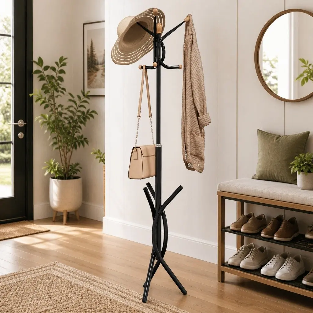 Coat Stand Black Iron Frame 176cm 9 Hooks Storage Rack