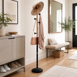 Coat Stand Black 177cm Iron Beech Wood 6 Hooks Storage Rack Hallway Bedroom