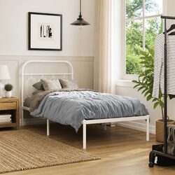 Metal Bed Frame 90x190 cm with Headboard Slatted Base Storage White