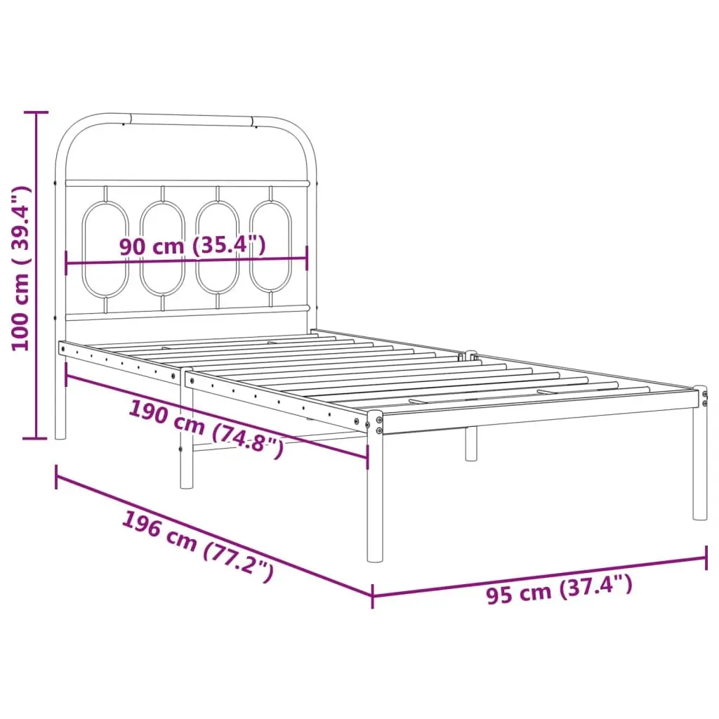Metal Bed Frame with Headboard Slatted Base 90x190 cm White