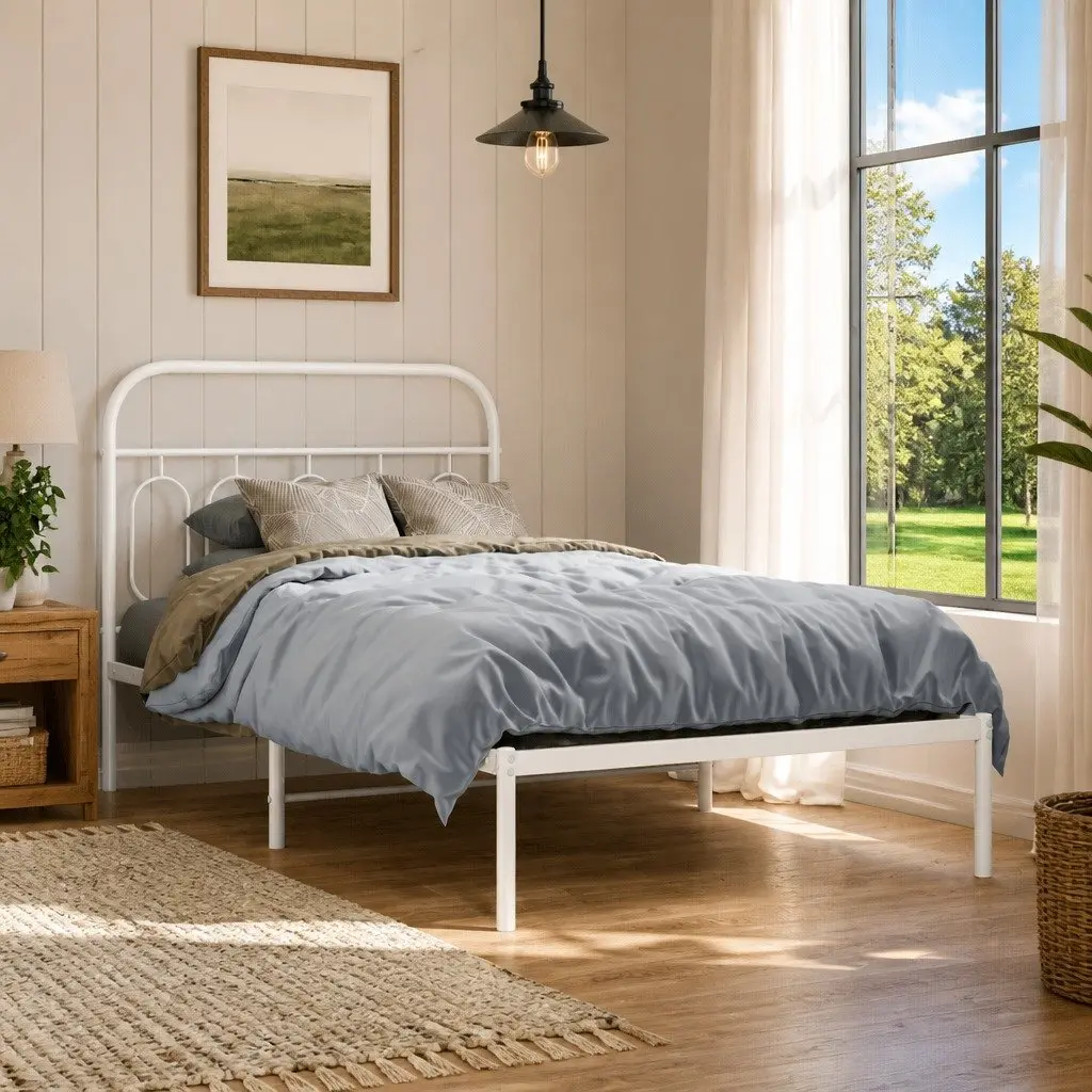 Metal Bed Frame King Single White Steel Slats Headboard 107x203 cm