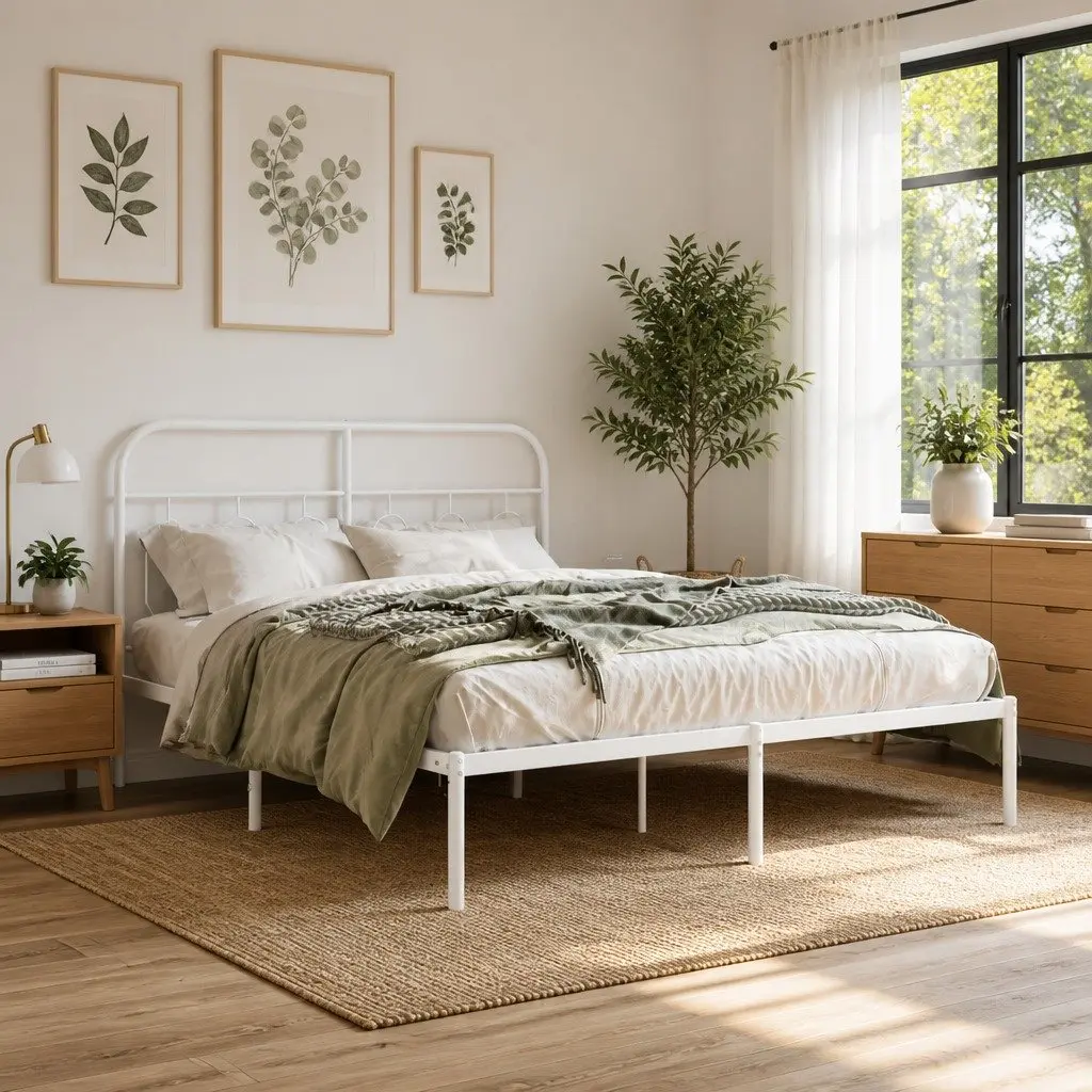 Metal Bed Frame with Headboard White 150x200 cm