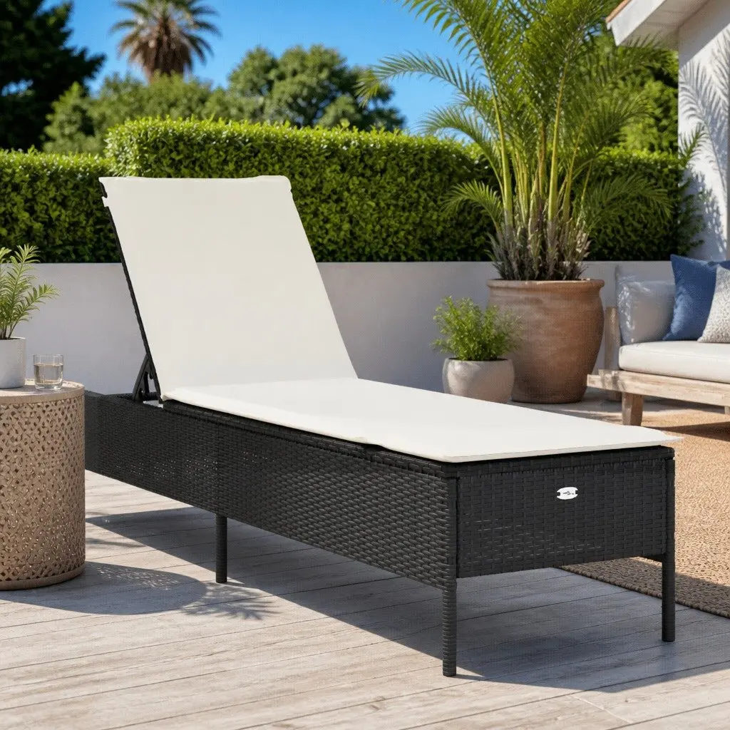 Sun Lounger Adjustable Backrest Black Poly Rattan with Cushion