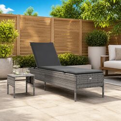 Sun Lounger with Side Table and Cushion Grey Poly Rattan Adjustable Backrest