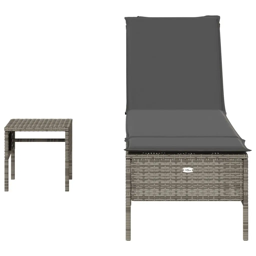 Sun Lounger Adjustable Backrest with Side Table and Cushion Grey Poly Rattan