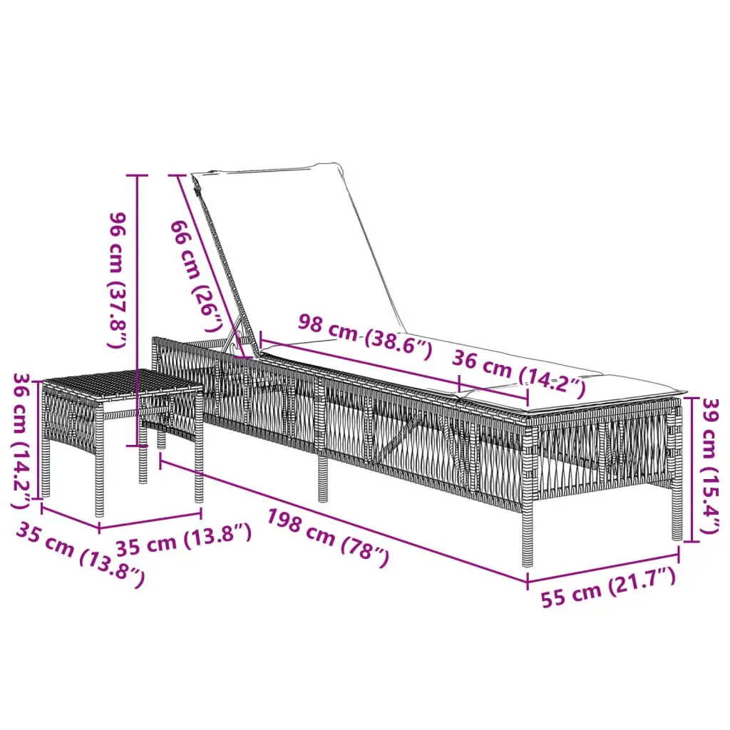 Sun Loungers Set 2 pcs Grey Outdoor Garden Furniture with Table Adjustable