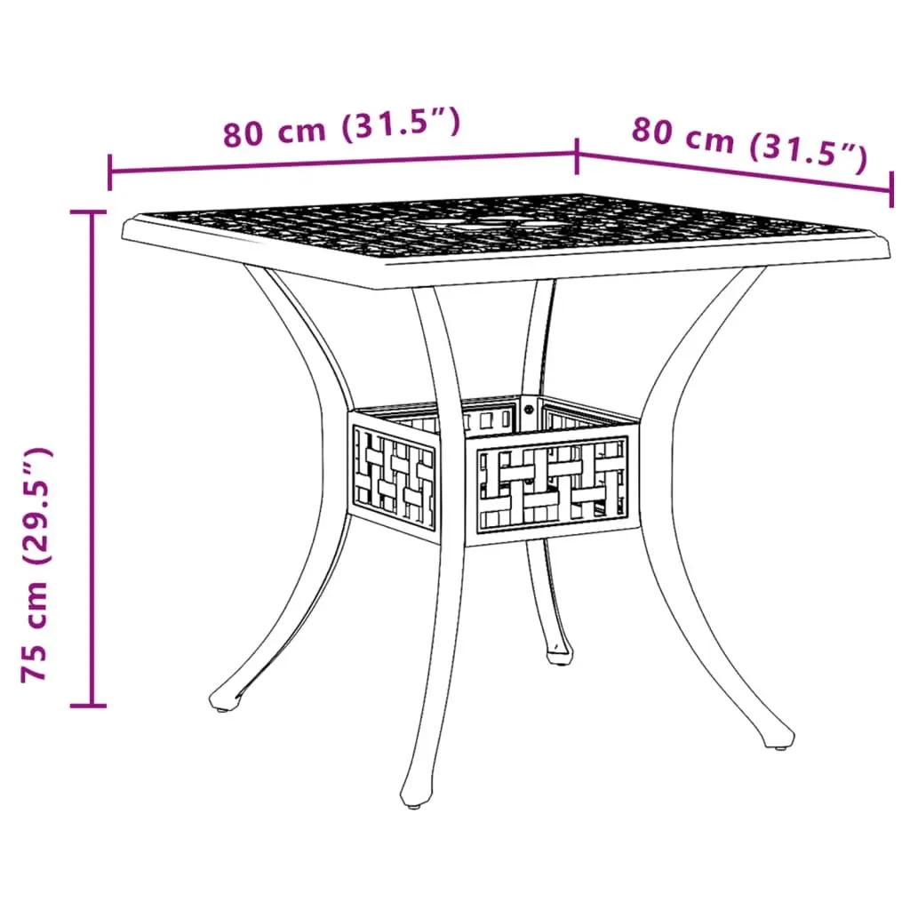 Garden Table Cast Aluminium Brown 80x80x75cm Outdoor Patio Furniture Umbrella Hole