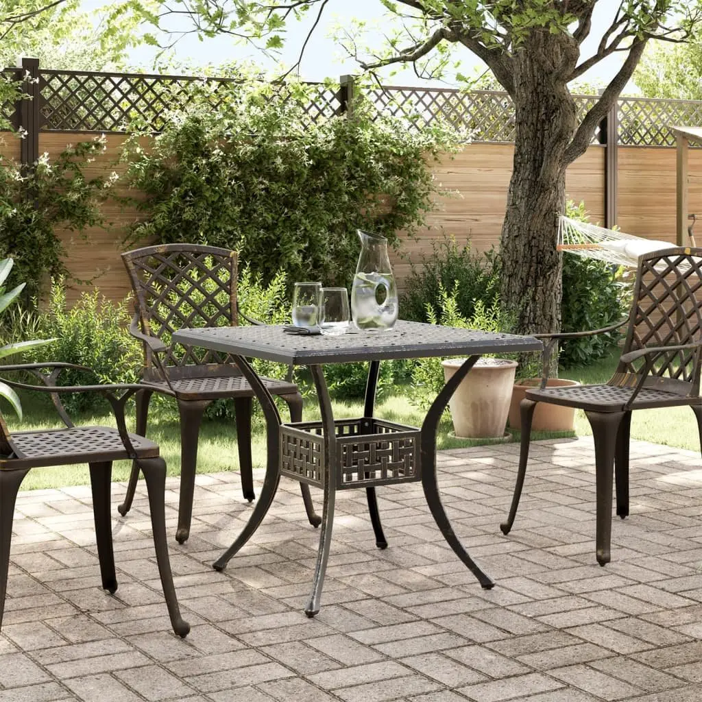 Garden Table Cast Aluminium Brown 80x80x75cm Outdoor Patio Furniture Umbrella Hole
