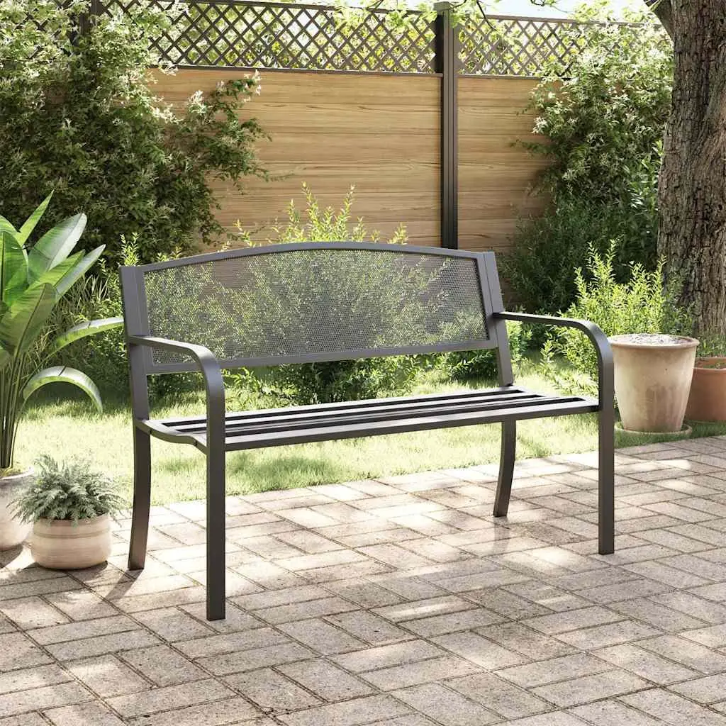 Garden Bench 119cm Black Steel Frame Outdoor Seating Patio Armrest Backrest