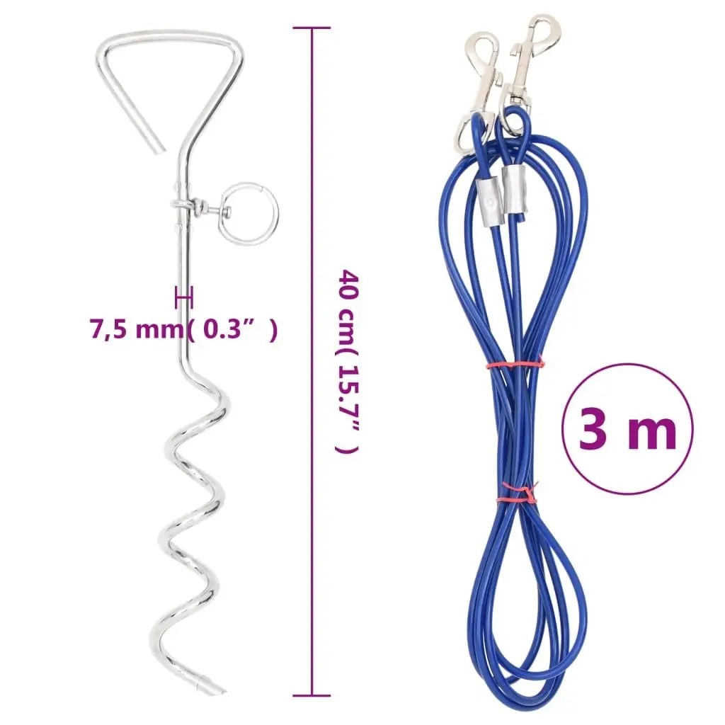 Dog Tie Out Cable 3m Ground Stake Pet Lead Outdoor Garden Yard Safety Tether