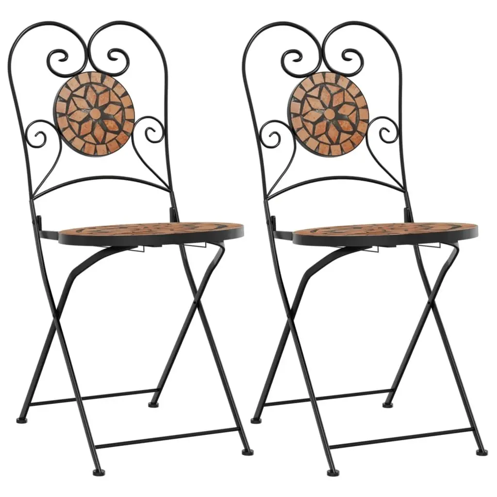 Outdoor Bistro Chairs Foldable 2 pcs Orange Ceramic Mosaic Garden Patio Seating