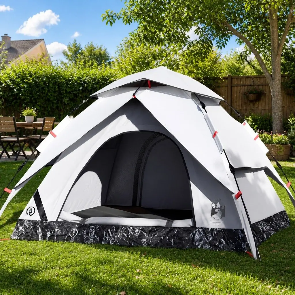 Camping Tent Dome 4-Person White Blackout Fabric Quick Release Setup