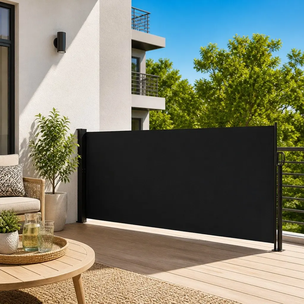 Side Awning Privacy Screen Black 600cm x 140cm Outdoor Retractable Garden Shade