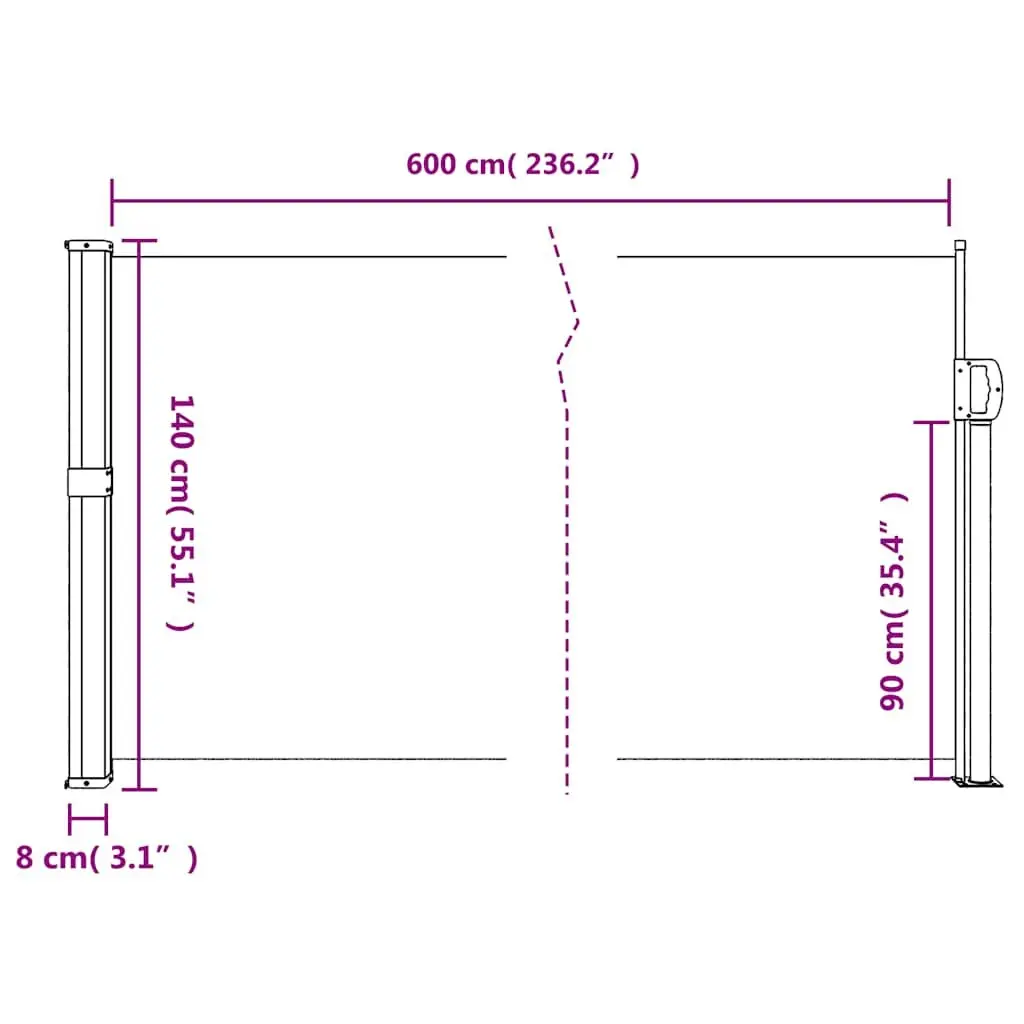 Side Awning Privacy Screen Black 600cm x 140cm Outdoor Retractable Garden Shade