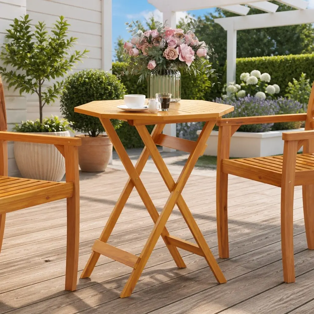 Folding Garden Table Round 70cm Brown Wood Outdoor Patio Dining Furniture