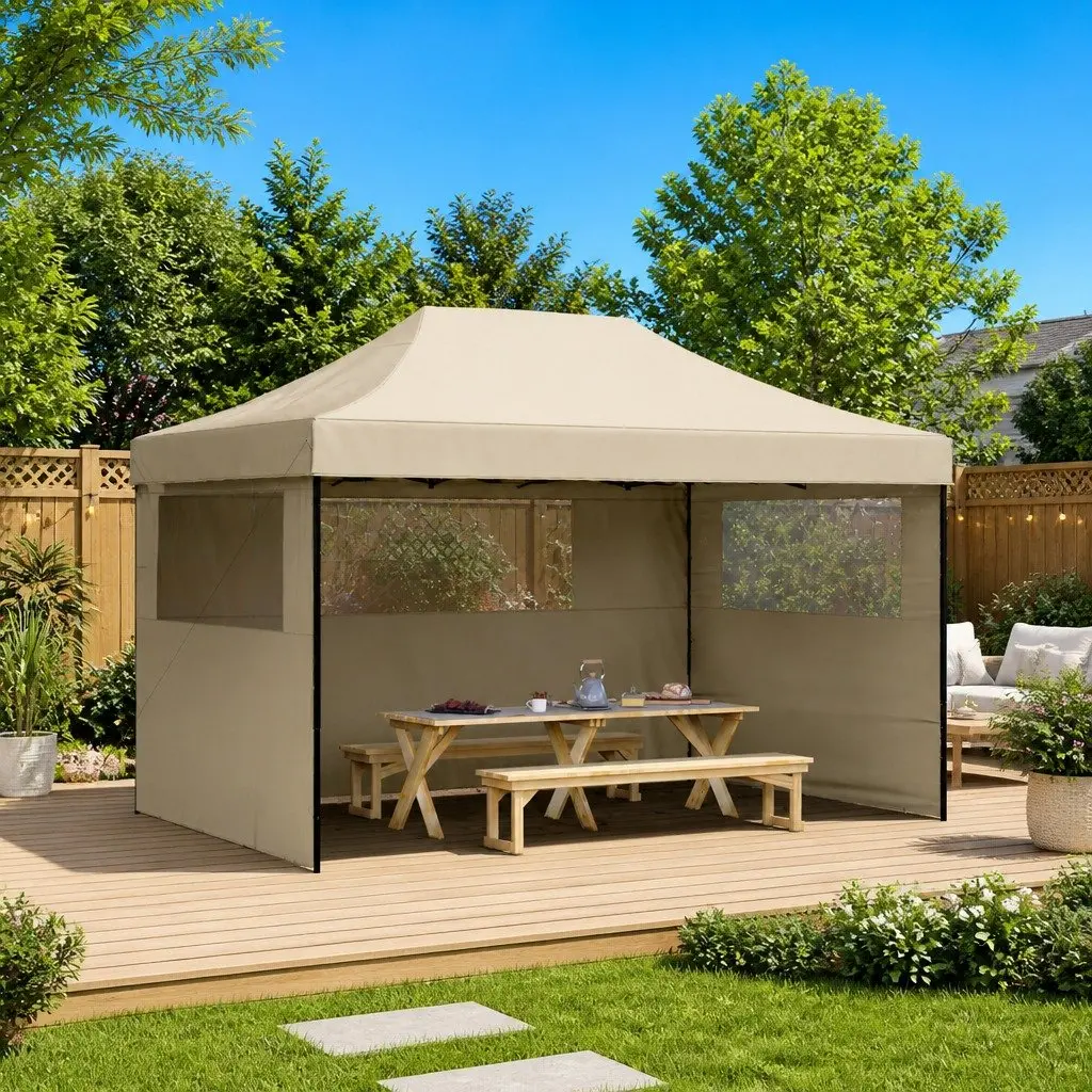 Foldable Pop-Up Party Tent with 3 Sidewalls Clear Windows Outdoor Gazebo Taupe