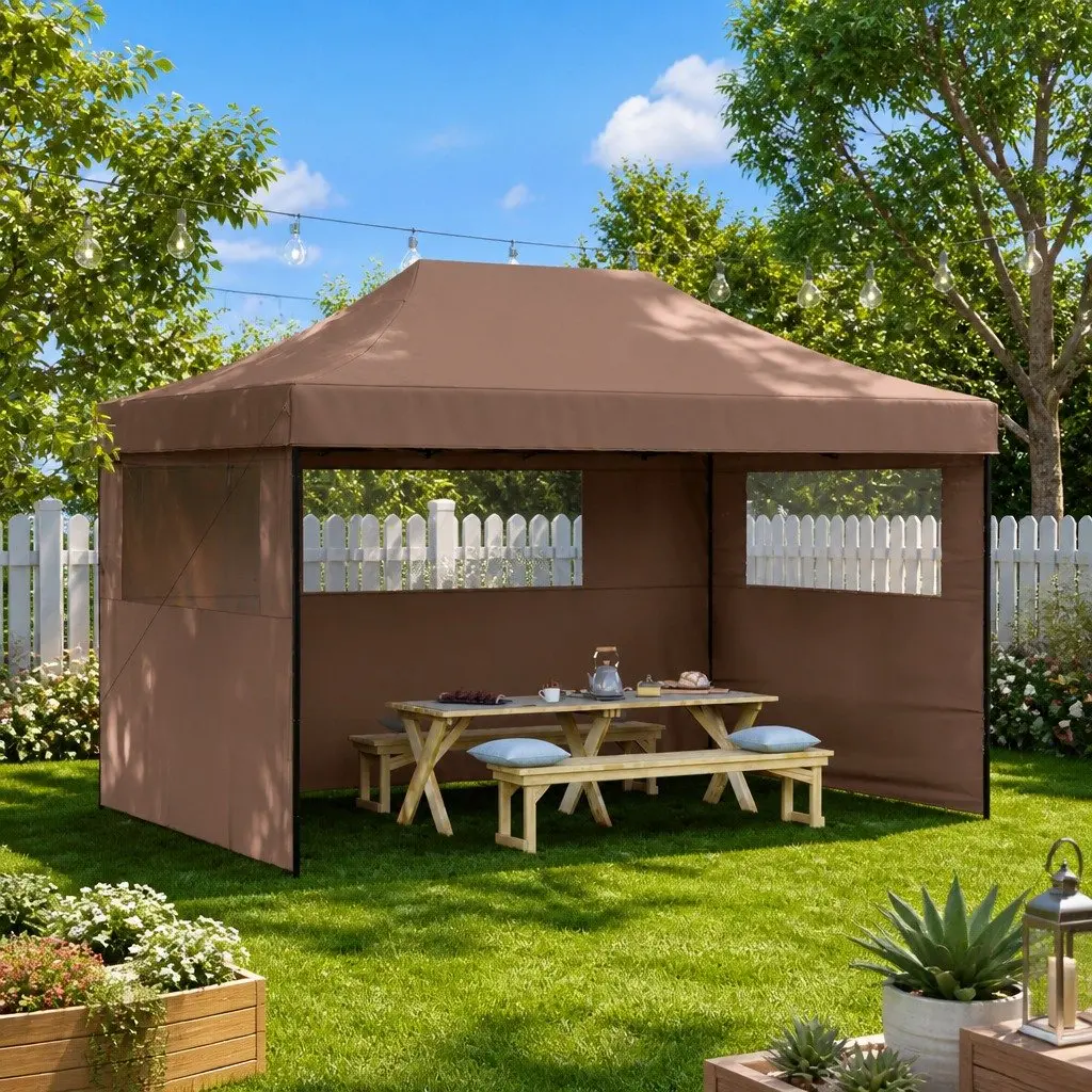 Foldable Pop-Up Party Tent with 3 Sidewalls Outdoor Gazebo Brown Garden Canopy
