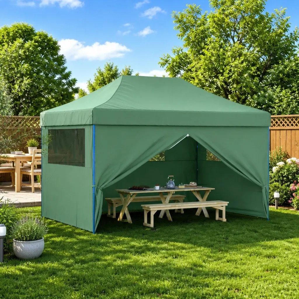 Pop-Up Party Tent Foldable Green Outdoor Gazebo with 4 Sidewalls