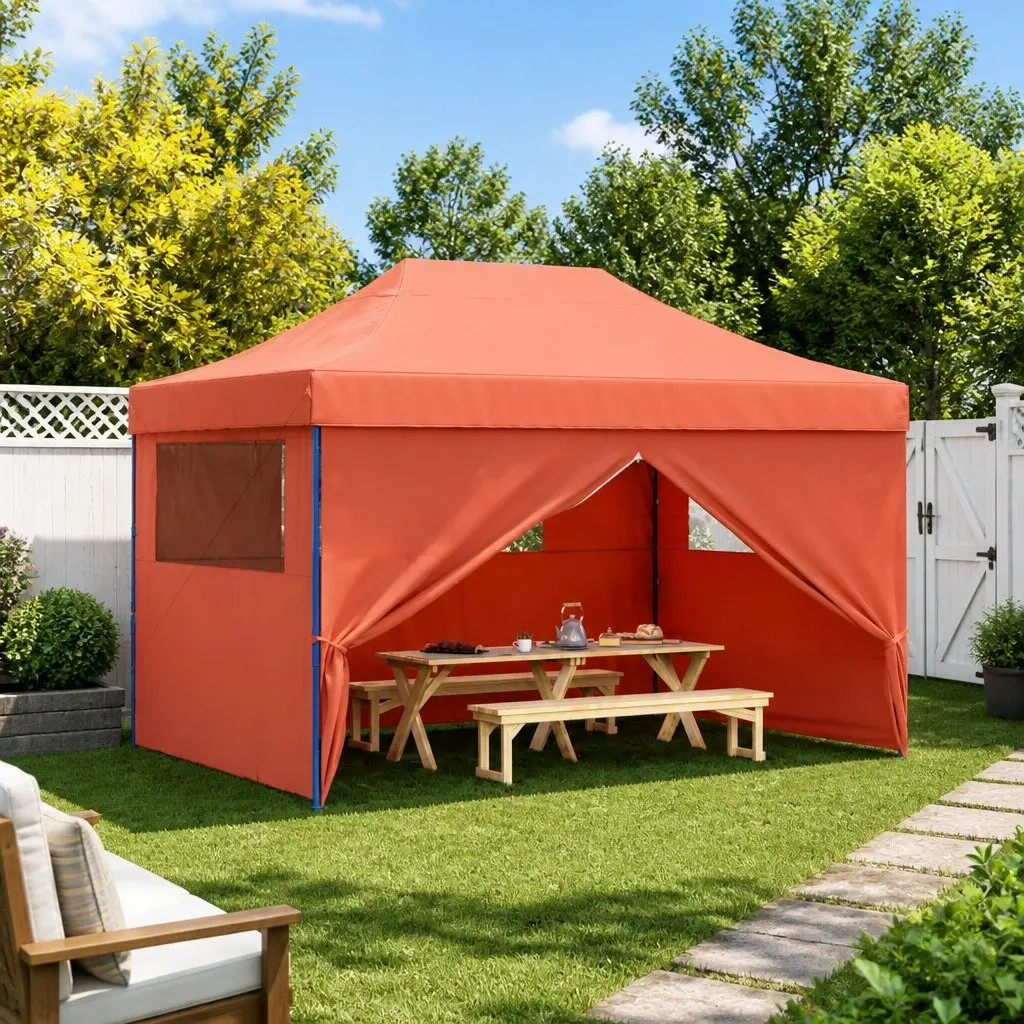 Outdoor Party Tent Orange Foldable Pop-Up Gazebo with 4 Sidewalls and Clear Windows