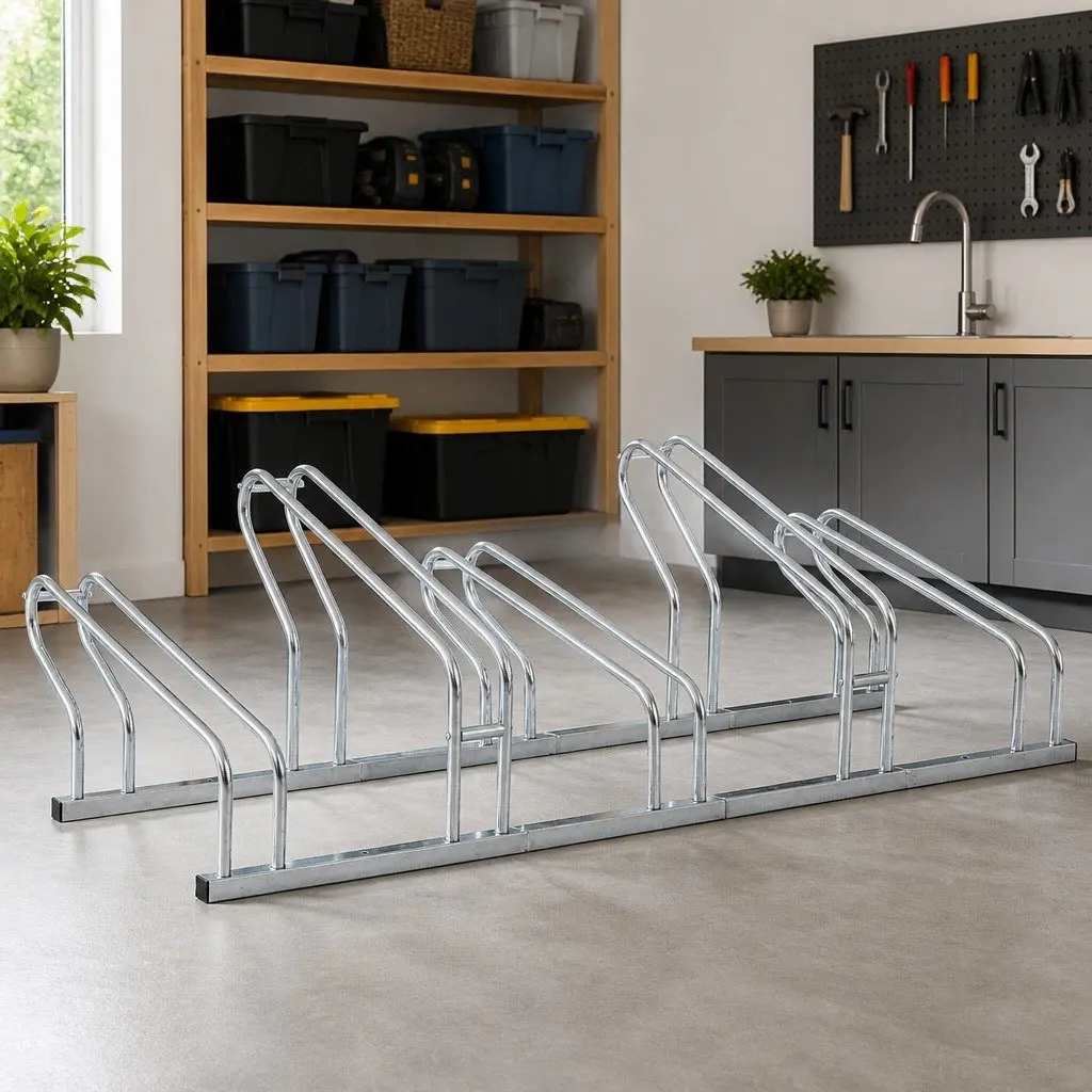 Bicycle Stand Floor Freestanding 5 Bikes Storage Silver Galvanised Steel Rack
