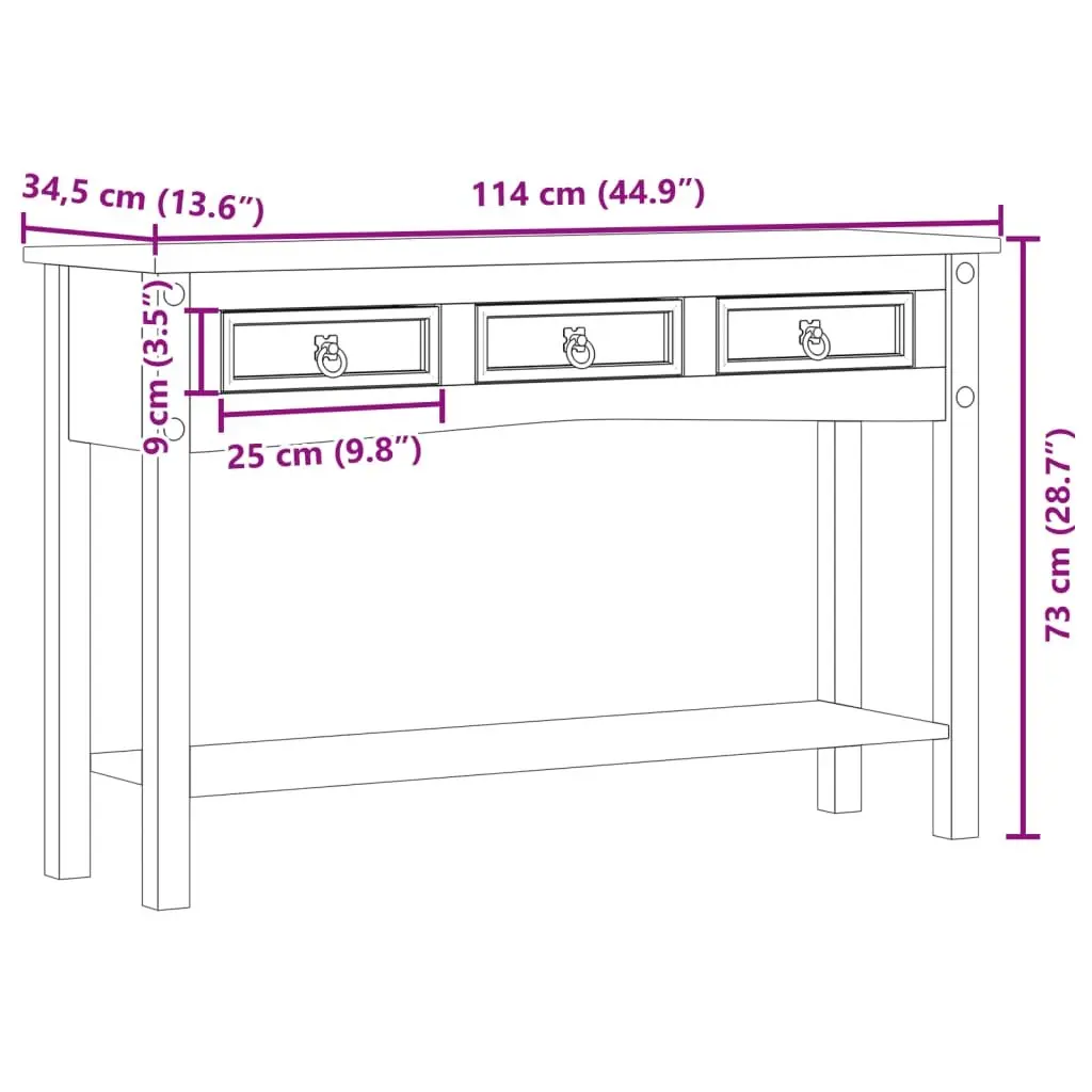 Console Table Solid Wood Pine 114x34.5x73cm 3 Drawers Hallway Accent End Table