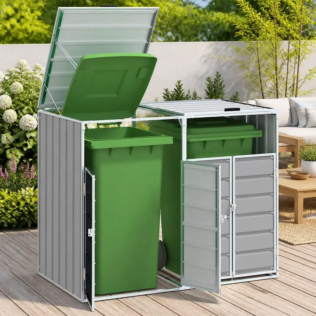 Wheelie Bin Storage Double Bins Grey Garden Waste Container Enclosure Steel