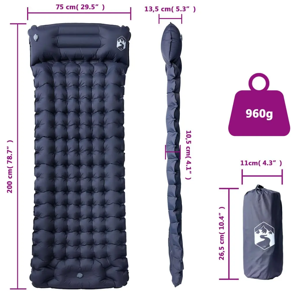 Self Inflating Camping Mattress 1-Person with Pillow Grey Sleeping Pad