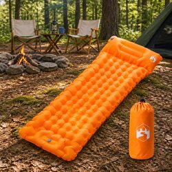 Self Inflating Camping Mattress Single Sleeping Pad with Pillow Outdoor Orange