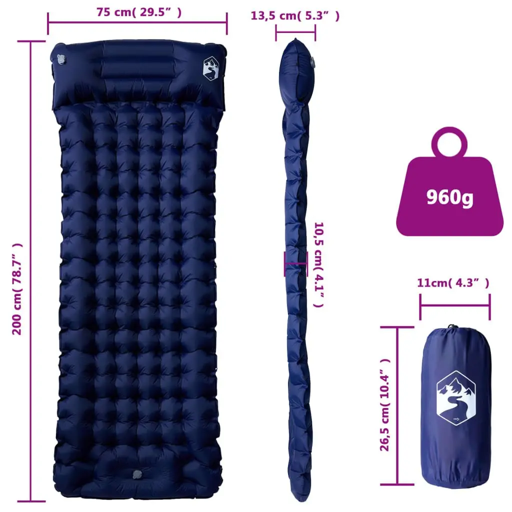 Self Inflating Camping Mattress with Pillow Single Person 10.5 cm Thickness Blue