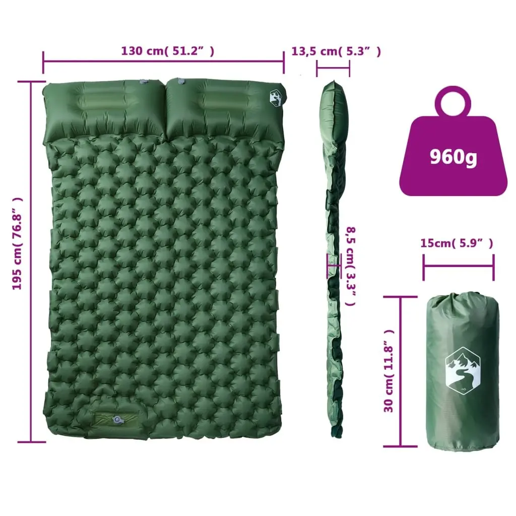 Self Inflating Camping Mattress Double with Integrated Pillows 8.5 cm Green