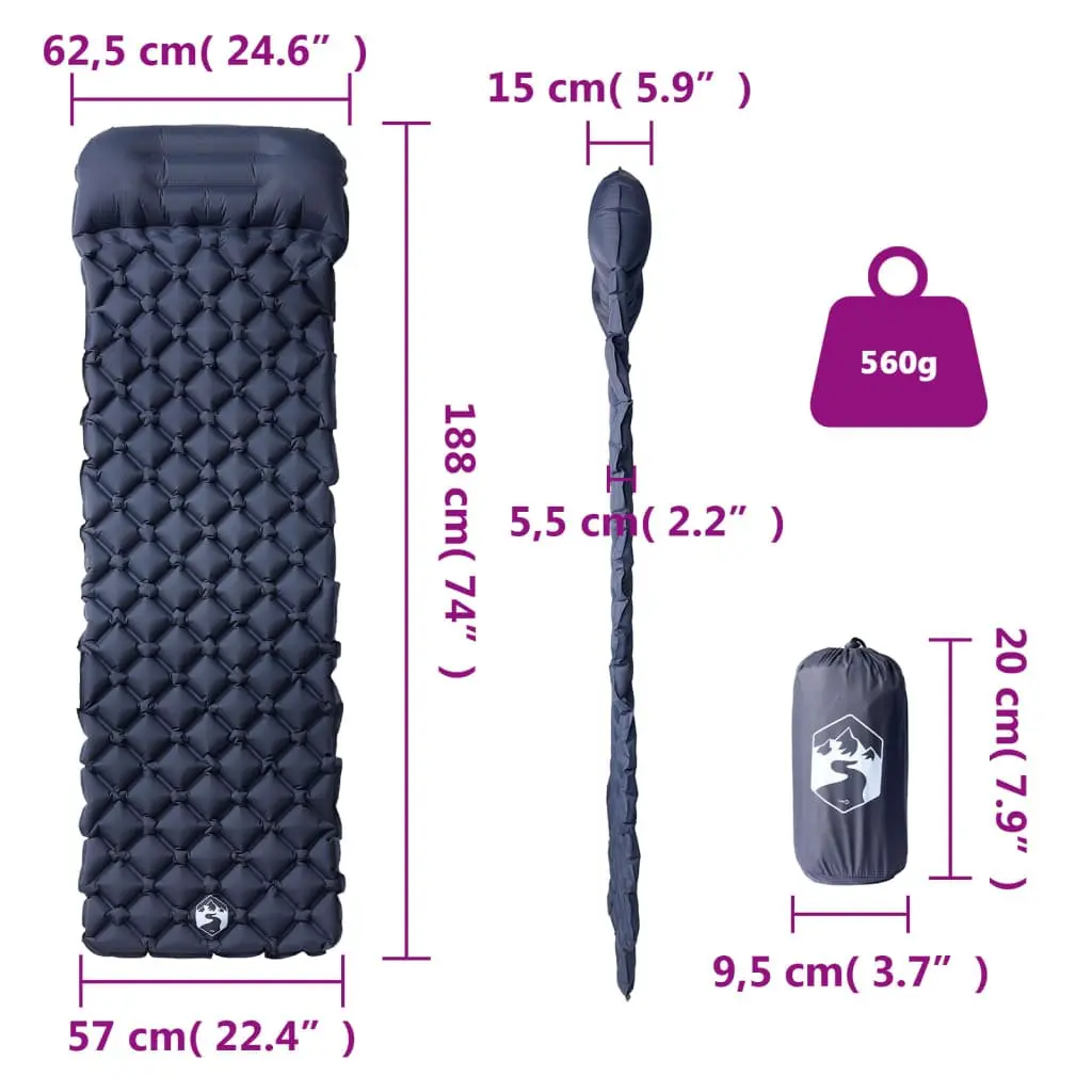 Inflatable Camping Mattress with Integrated Pillow 1-Person 6 cm Grey