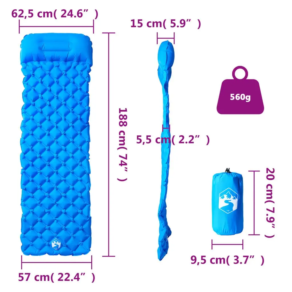 Inflatable Camping Mattress with Integrated Pillow Single Person 6 cm Thickness