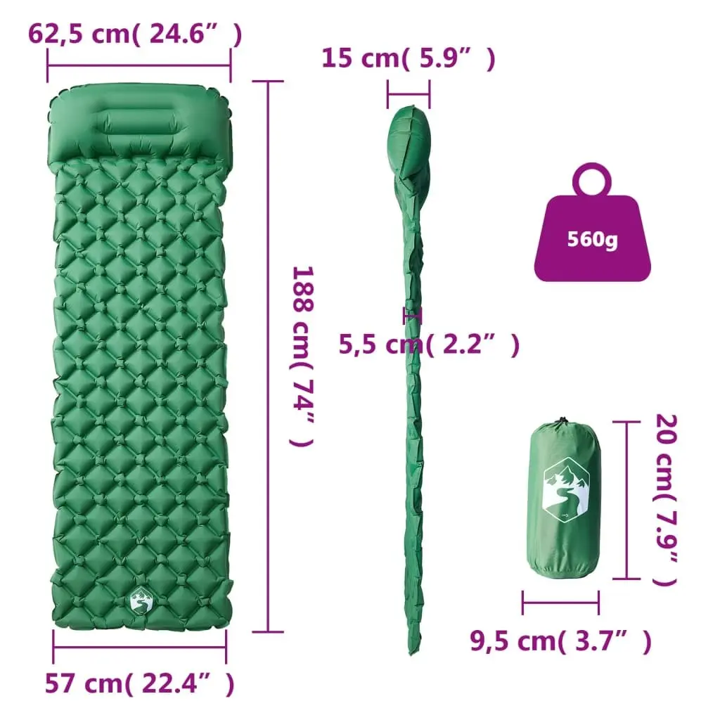 Camping Mattress Inflatable with Pillow 1 Person 6 cm Thickness Green