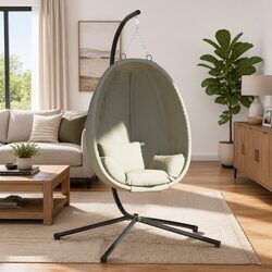 Hanging Egg Chair with Stand Beige Fabric Swing Outdoor Garden Porch Relaxing