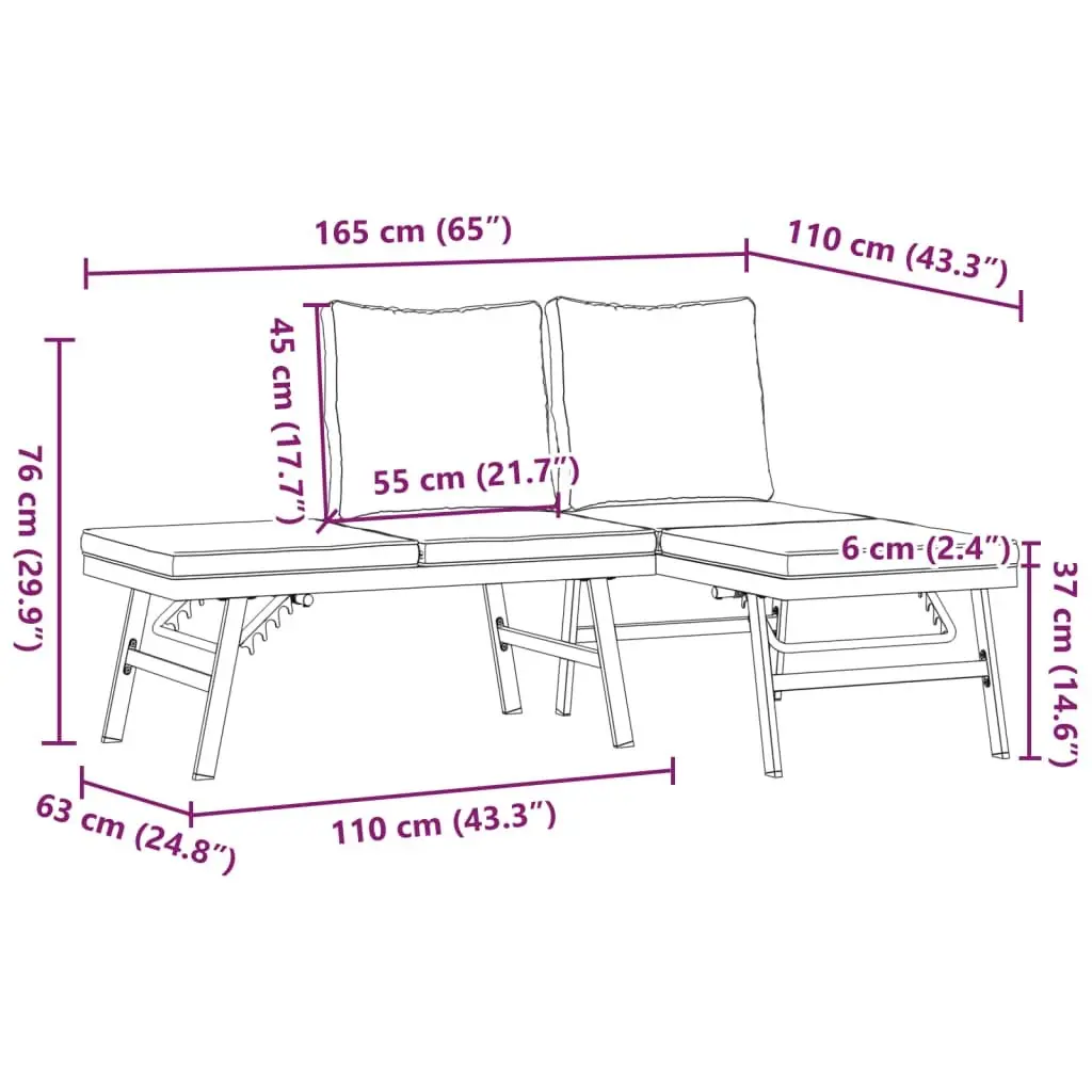 Garden Benches Outdoor Seating Set Adjustable Lounger 2 pcs Black Steel Frame Cushioned