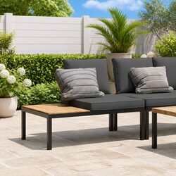 Garden Bench Outdoor Seating Black Aluminium Frame with Cushions Side Table