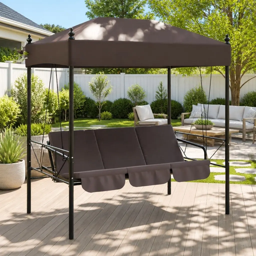 Garden Swing Bench with Canopy Brown Outdoor Porch Seating 2-in-1 Lounge Chair