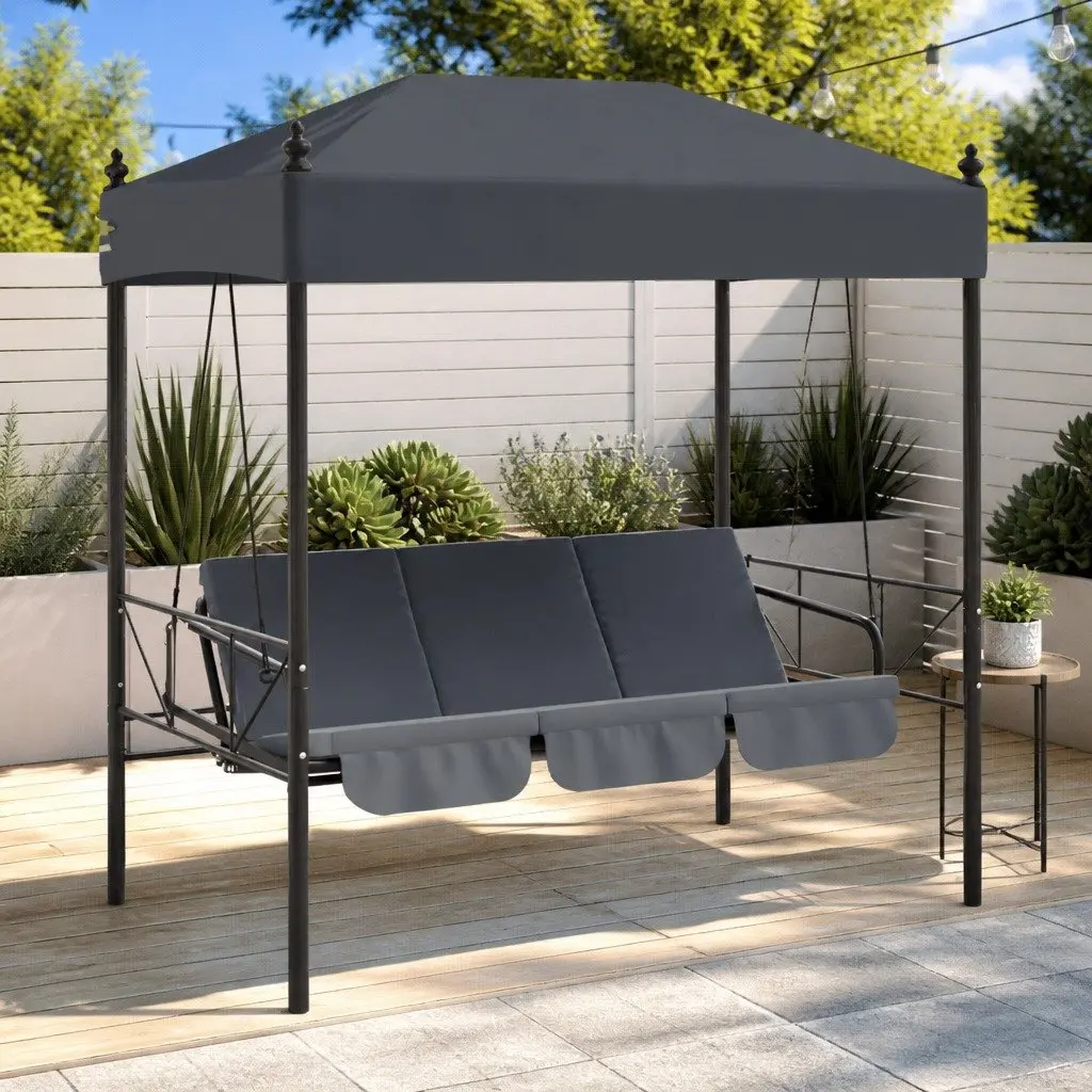 Garden Swing Bench with Canopy Grey 2-in-1 Outdoor Seating Chair and Bed