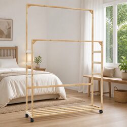 Convenient Bamboo Clothes Rack with Shelving and Wheels