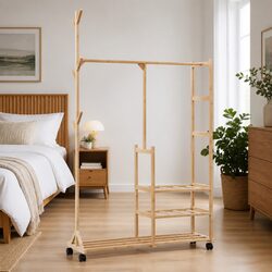 Bamboo Clothes Rack with Shelves Wheels and Hooks Garment Organiser Storage