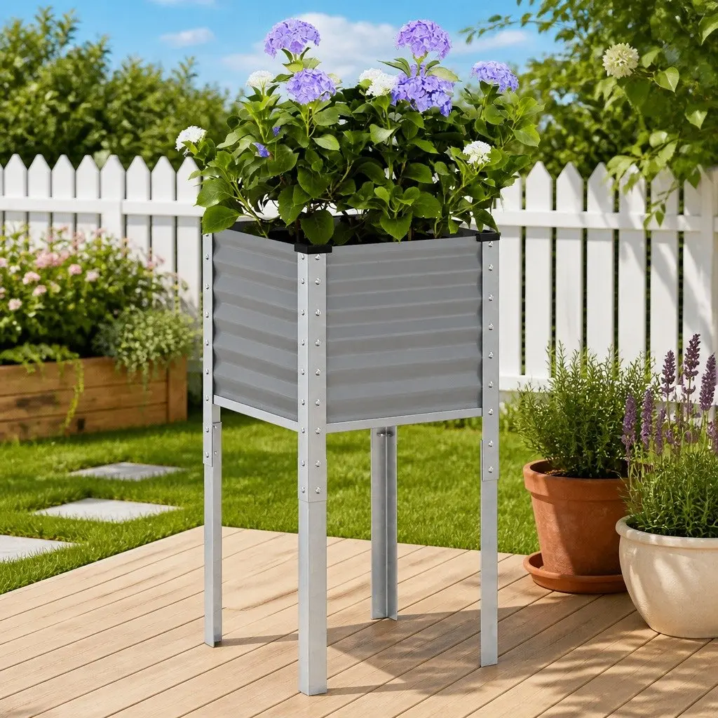 Garden Planter Box Steel Grey 45x45x88 cm Outdoor Flower Pot Decorative Raised